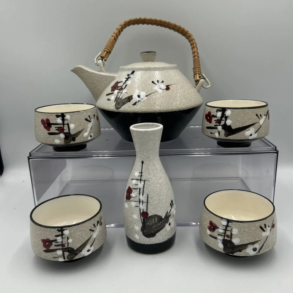 VTG Japanese‎ Teapot & 4 Cups Set Bamboo Handle Stoneware RED WHITE BLACK FLORAL